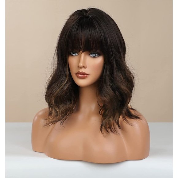 Short Ombre Brown Blonde Full Wig With Bangs - Picture 2 of 6